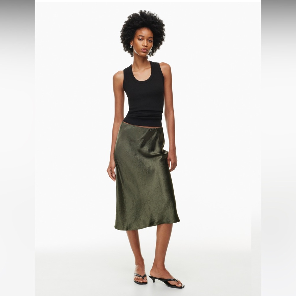 Aritzia Babaton Slip Satin Midi Skirt in Dark Olive